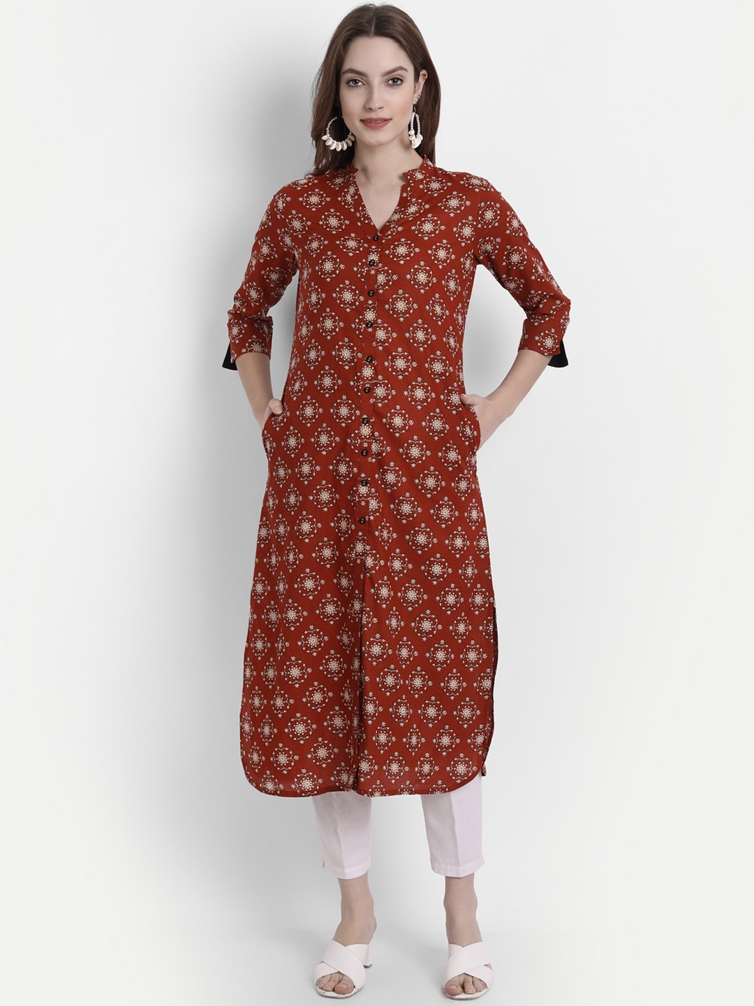 

SUTI Ethnic Motifs Printed Mandarin Collar Cotton Pathani Kurta, Red