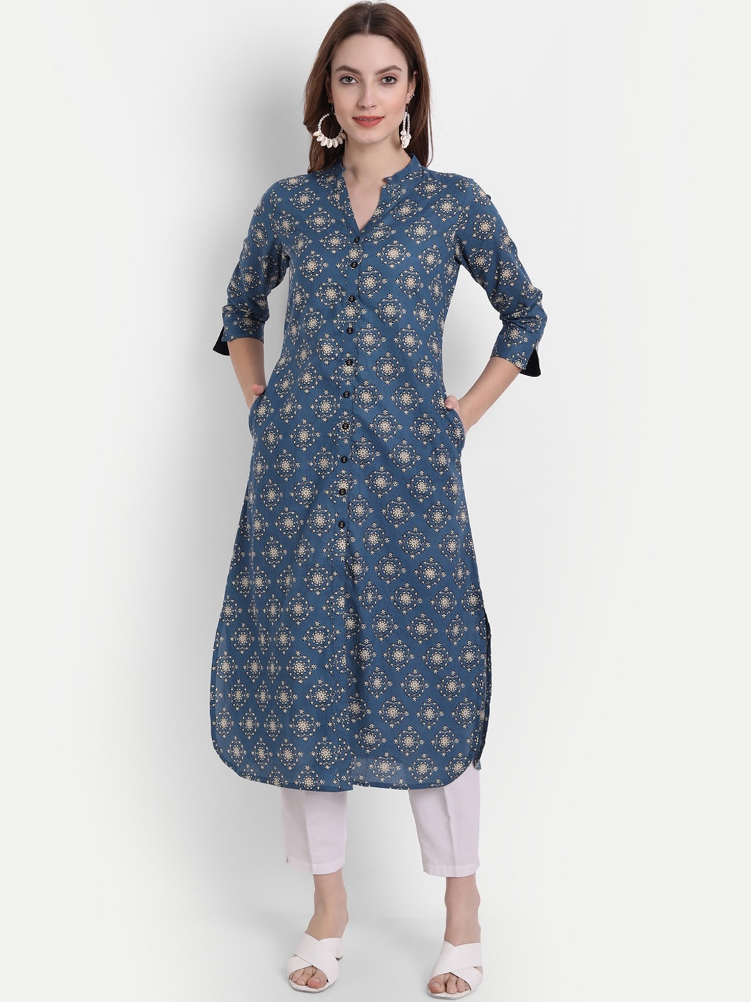 

SUTI Ethnic Motifs Printed Mandarin Collar Cotton Pathani Kurta, Blue