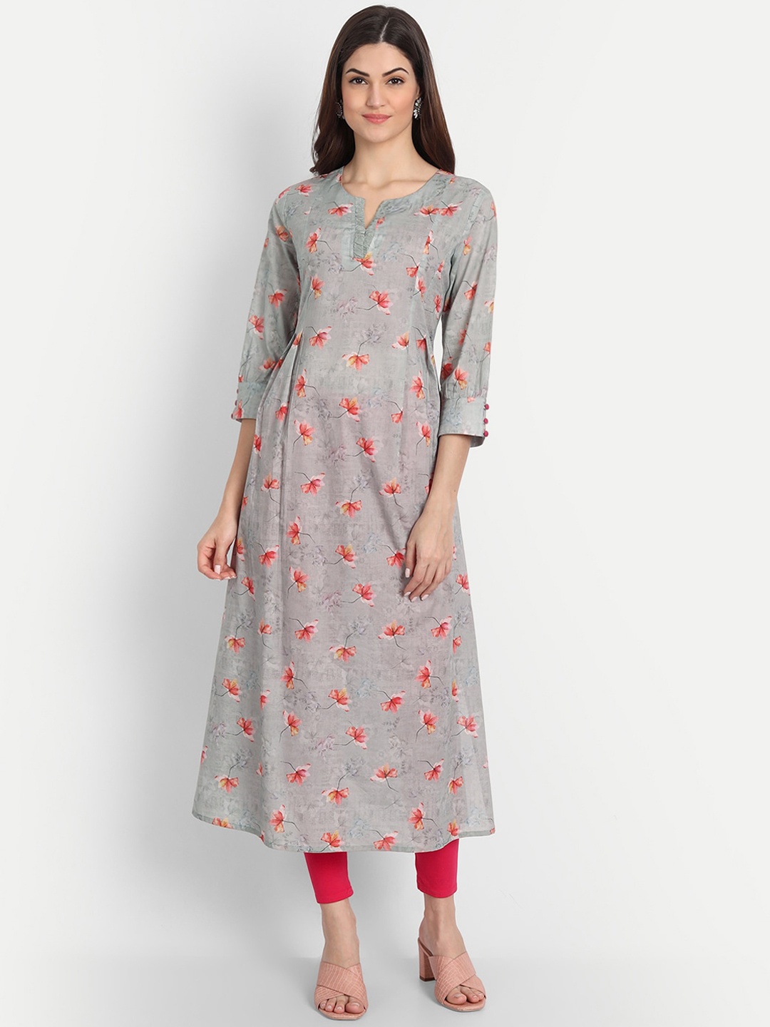 

SUTI Floral Printed Round Neck A-Line Long Kurta, Grey