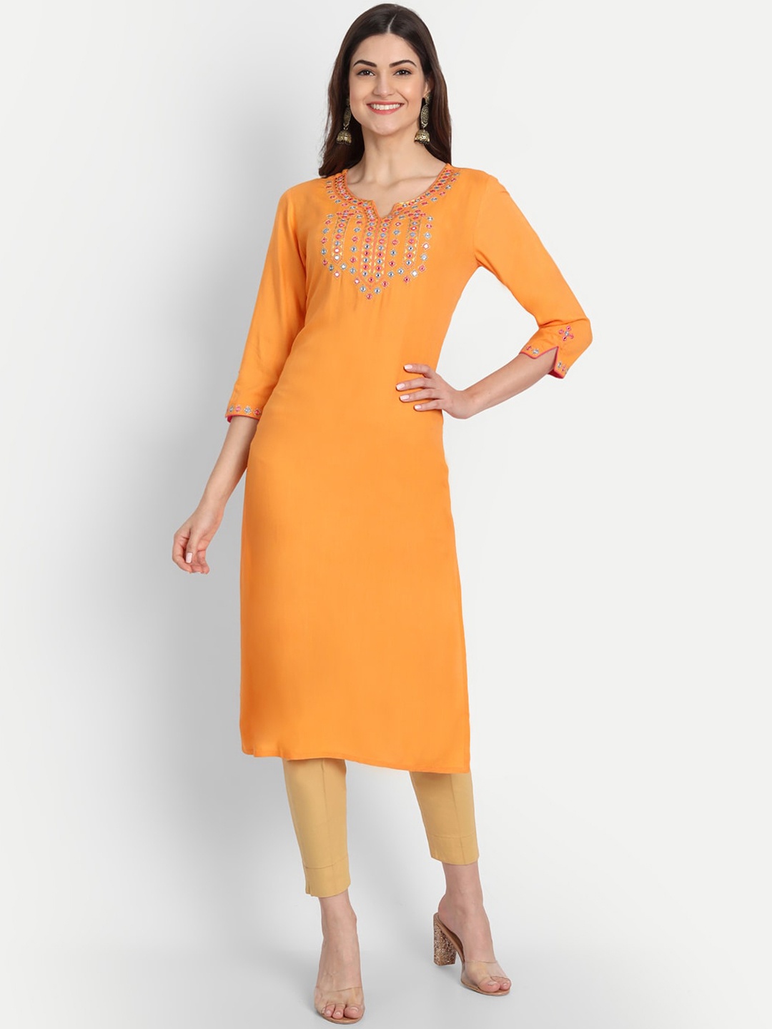 

SUTI Geometric Embroidered Round Neck Straight Kurta, Yellow