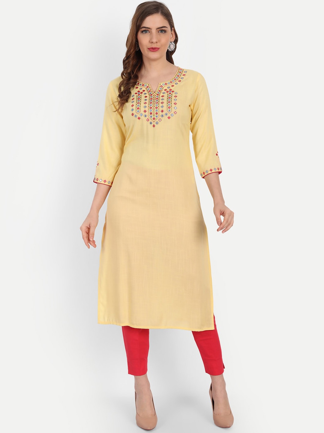 

SUTI Geometric Embroidered Round Neck Straight Kurta, Yellow