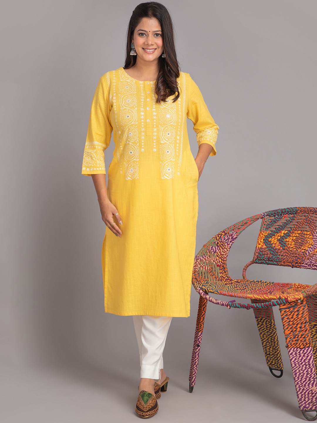 

SUTI Ethnic Motifs Printed Round Neck Cotton Straight Kurta, Yellow