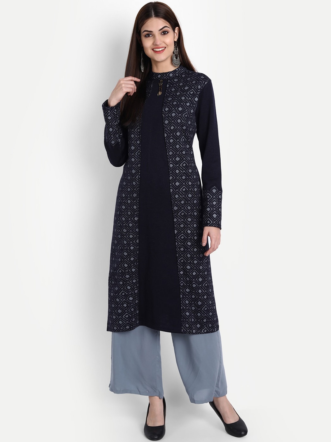 

SUTI Ethnic Motifs Printed High Neck Woollen A-Line Kurta, Black