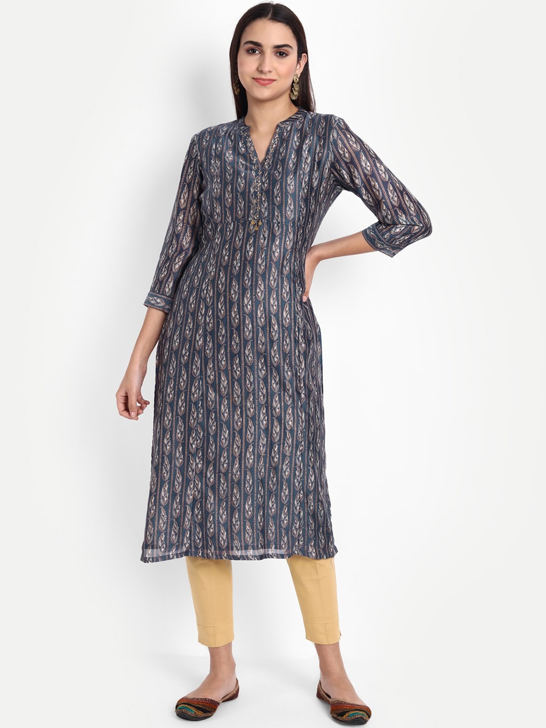 

SUTI Ethnic Motifs Printed Mandarin Collar Cotton Sequinned A-Line Kurta, Blue