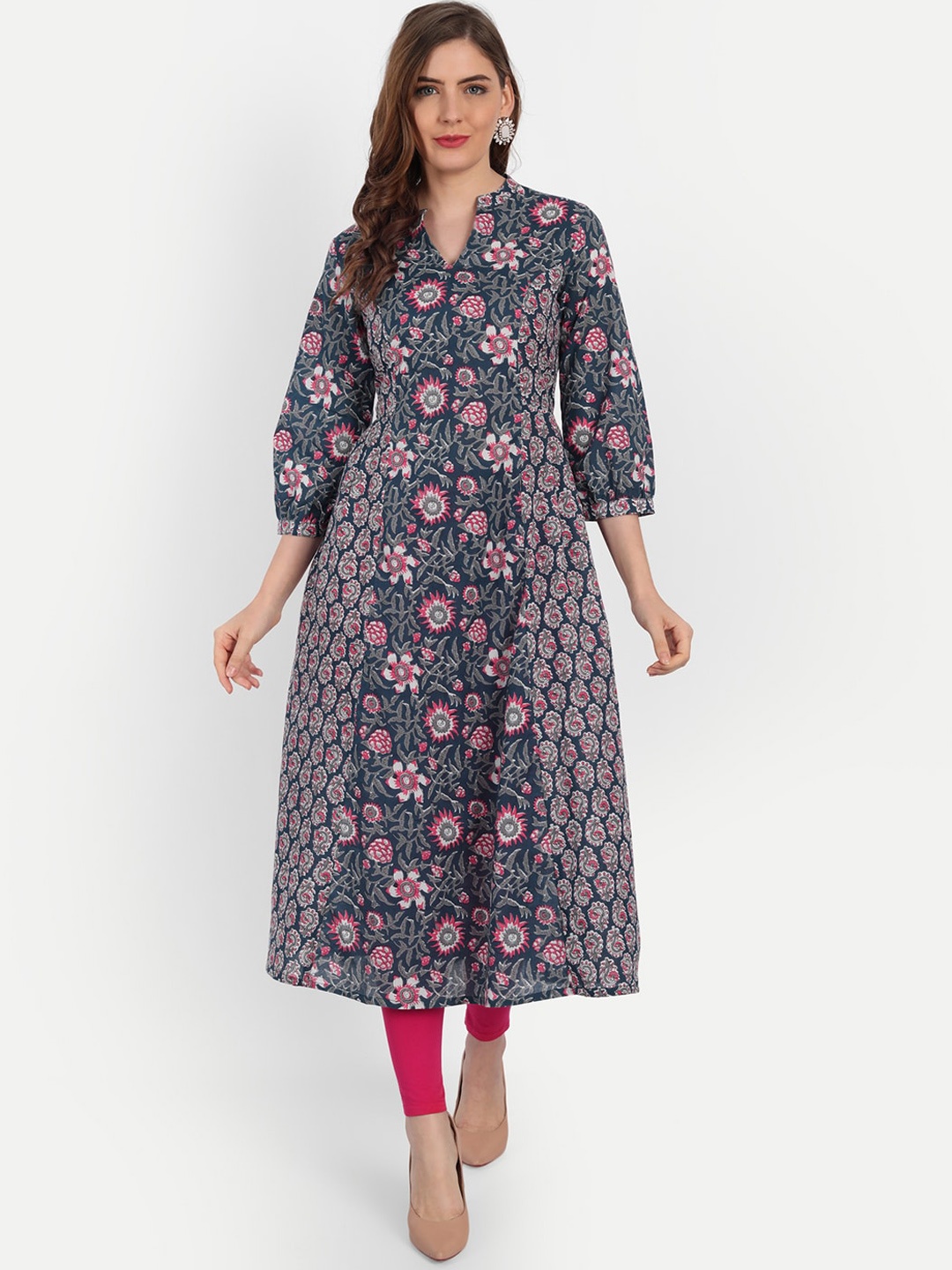 

SUTI Floral Printed Mandarin Collar Puff Sleeves Cotton A-Line Kurta, Blue