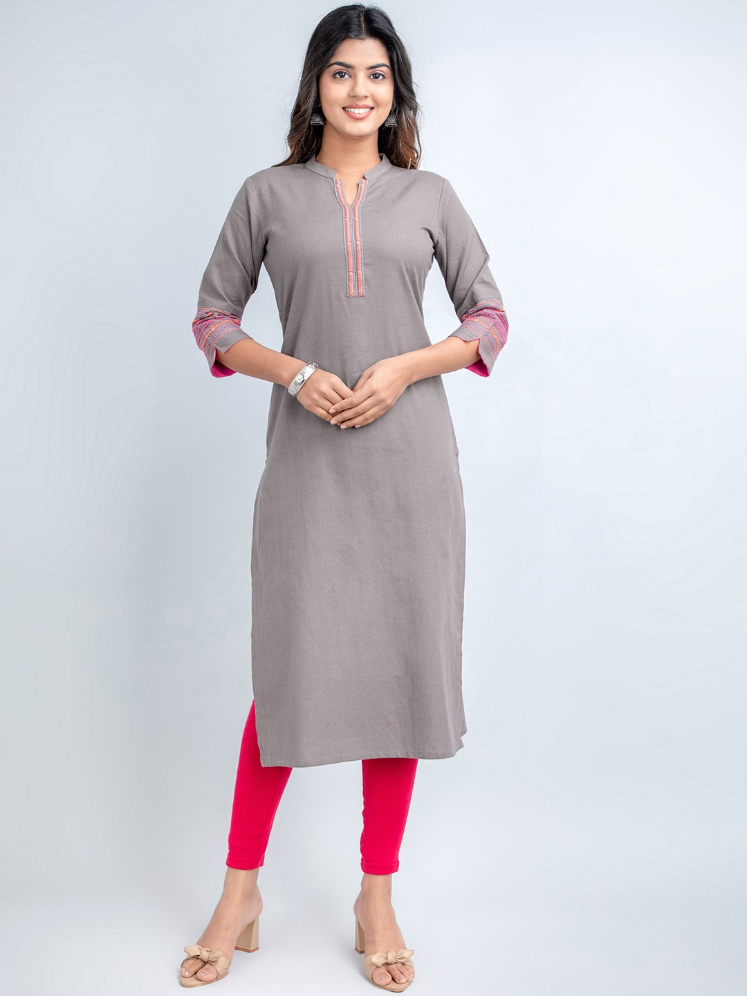 

SUTI Ethnic Mandarin Collar Mirror Work Cotton Straight Kurta, Grey