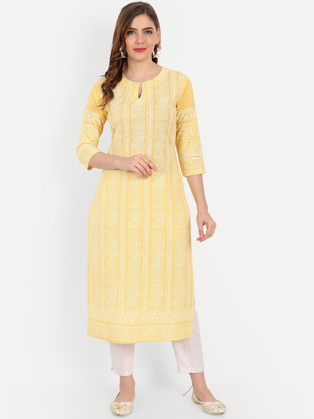 

SUTI Women Striped Keyhole Neck Flared Sleeves Thread Work Kurta, Yellow