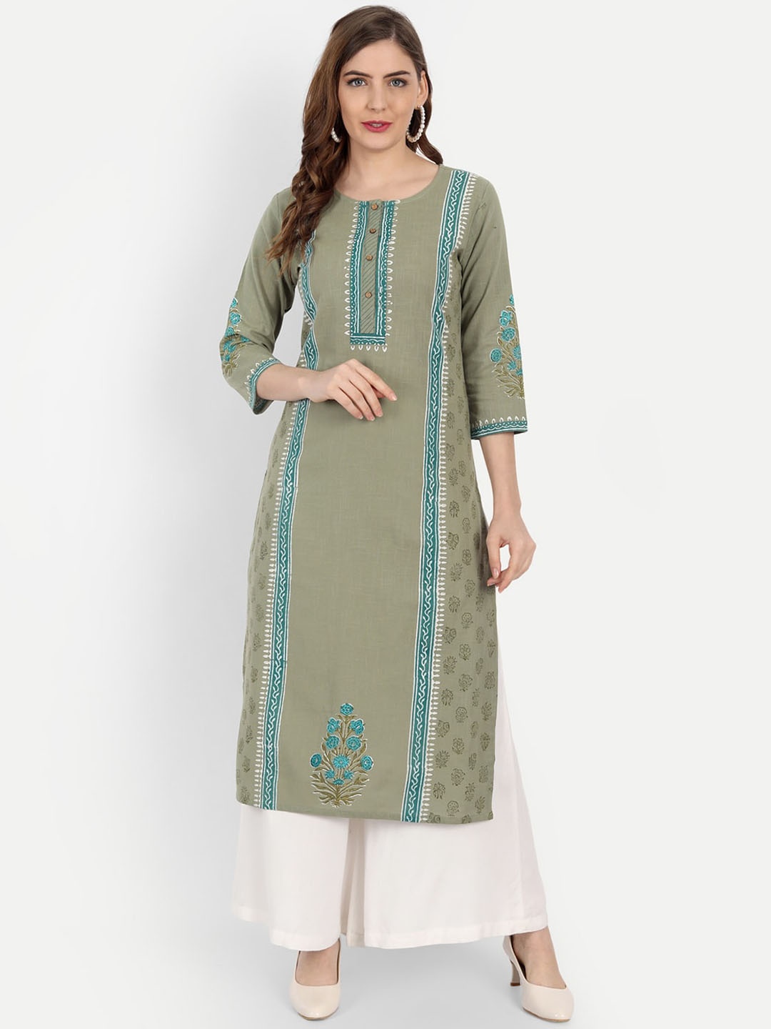 

SUTI Floral Printed Round Neck Three-Quarter Sleeves Cotton Straight Kurta, Green