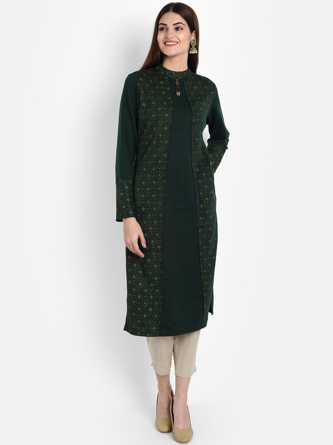 

SUTI Geometric Printed Mandarin Collar Long Sleeves Woollen Kurta, Green