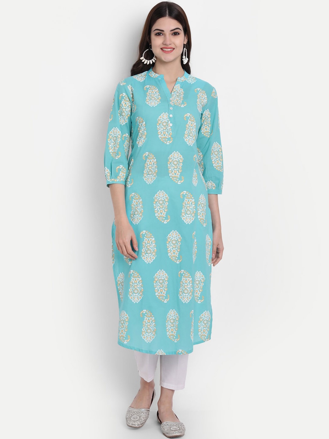 

SUTI Ethnic Motifs Printed Mandarin Collar Three-Quarter Sleeves Cotton Straight Kurta, Turquoise blue