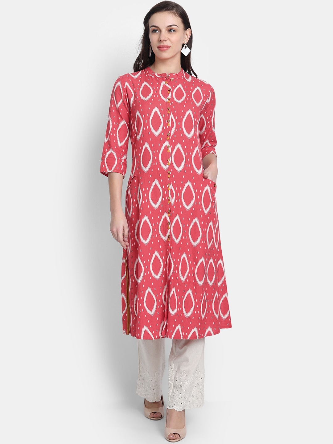 

SUTI Geometric Printed Mandarin Collar Three-Quarter Sleeves Cotton A-Line Kurta, Coral