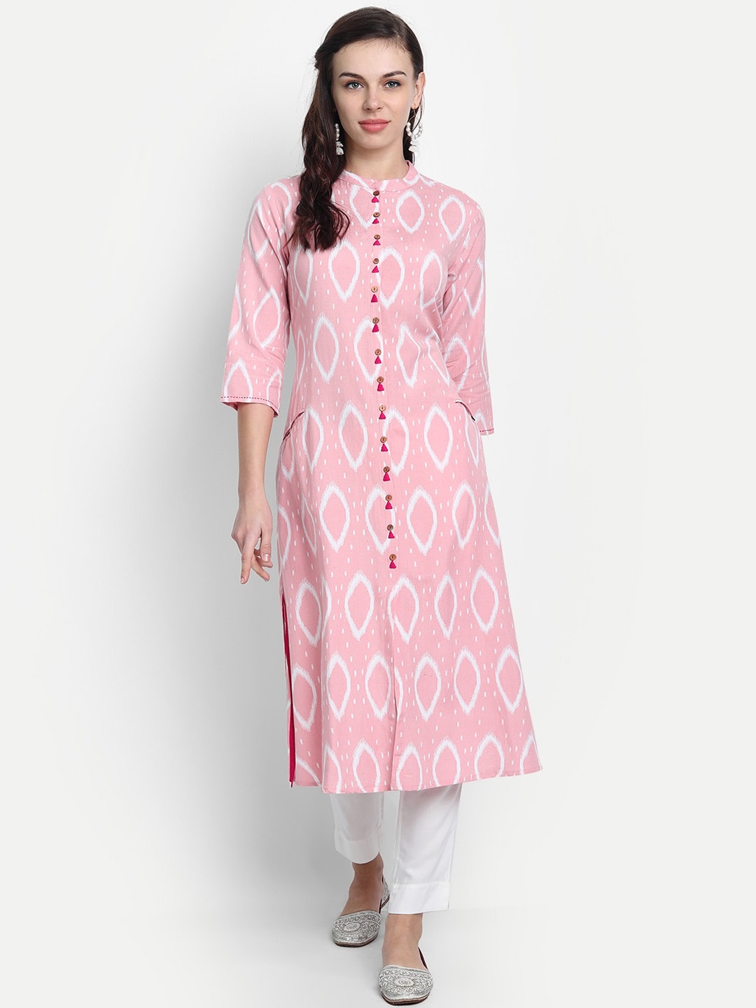 

SUTI Ikat Printed Mandarin Collar A-line Kurta, Pink