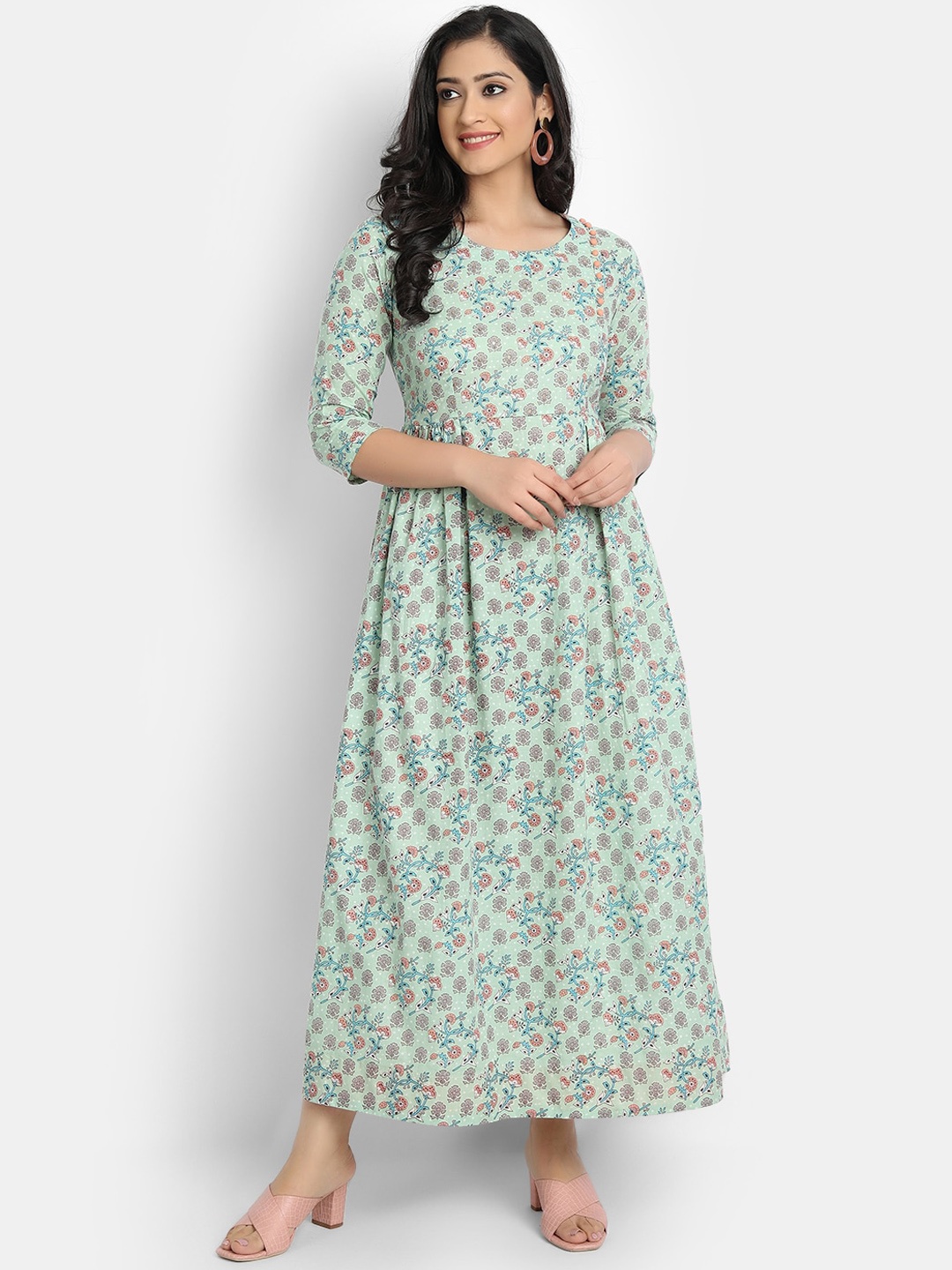

SUTI Floral Printed Round Neck Cotton A-Line Kurta, Green