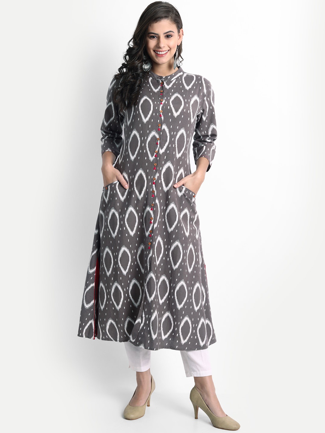 

SUTI Geometric Printed Mandarin Collar A-Line Kurta, Grey