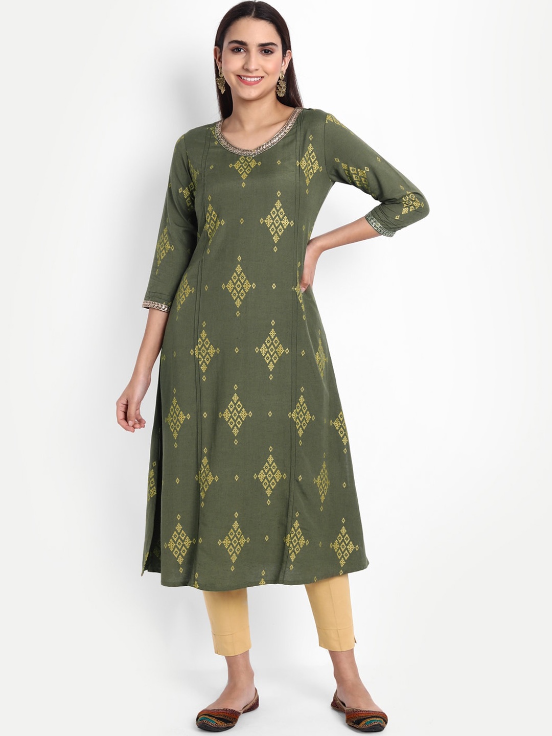 

SUTI Ethnic Motifs Printed Round Neck A-Line Kurta, Olive