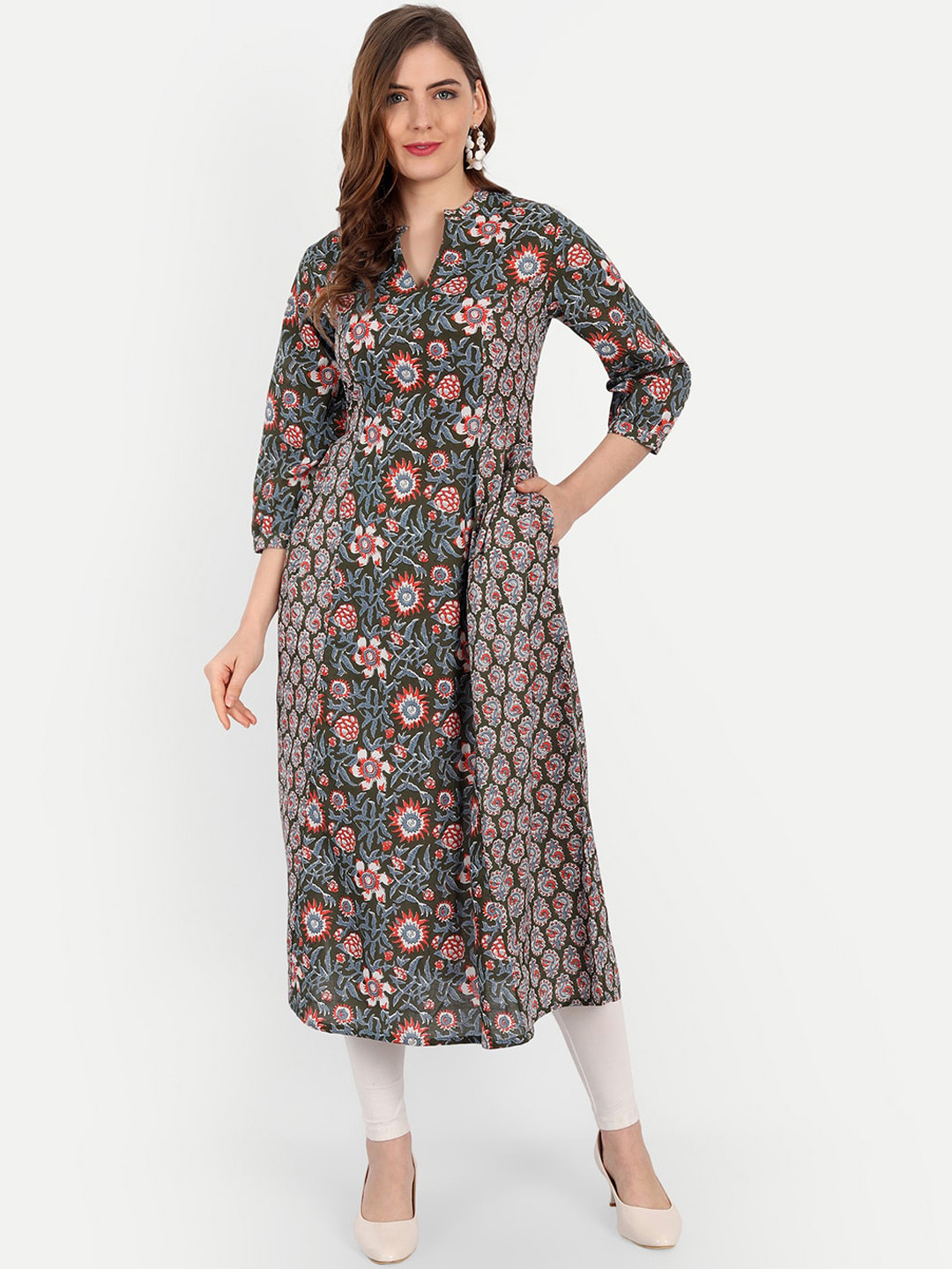 

SUTI Floral Printed Mandarin Collar A-Line Kurta, Green