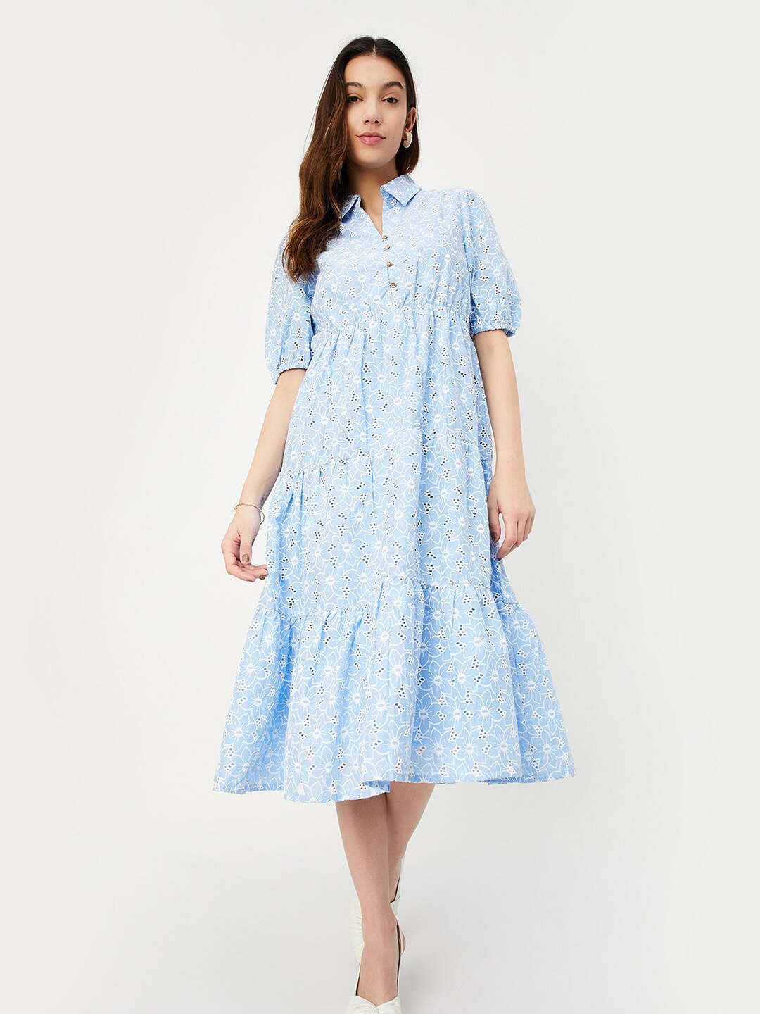 

max Floral Embroidered Puff Sleeves Fit and Flare Cotton Dress, Blue