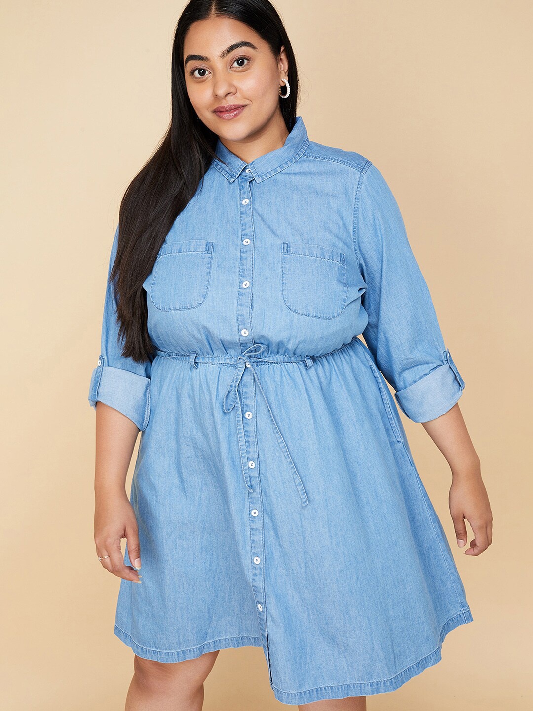 

max Pluz Size Roll-Up Sleeves Cotton Shirt Dress, Blue