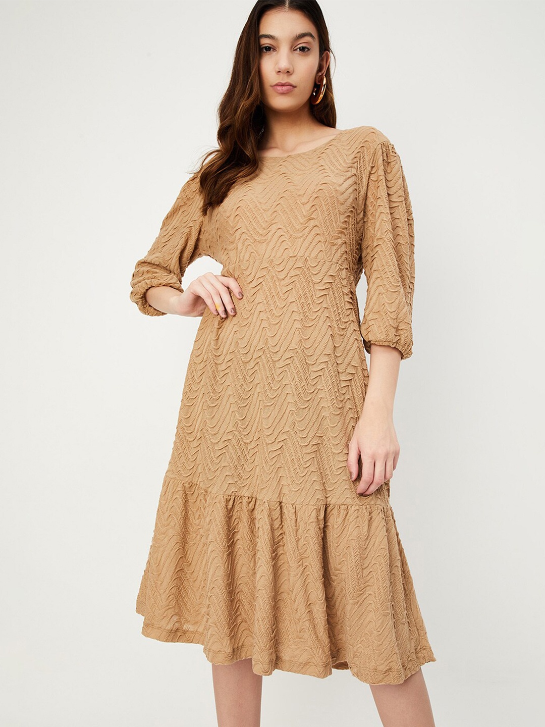 

max Self Design A-Line Midi Dress, Brown