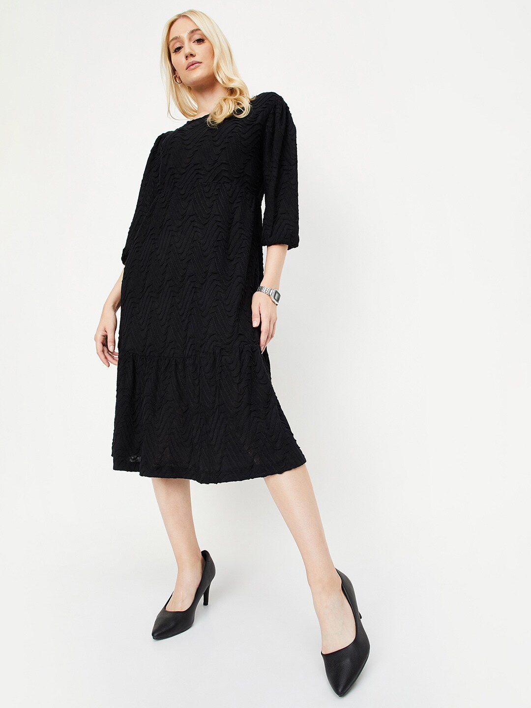 

max Self Design Puff Sleeves A-Line Midi Dress, Black