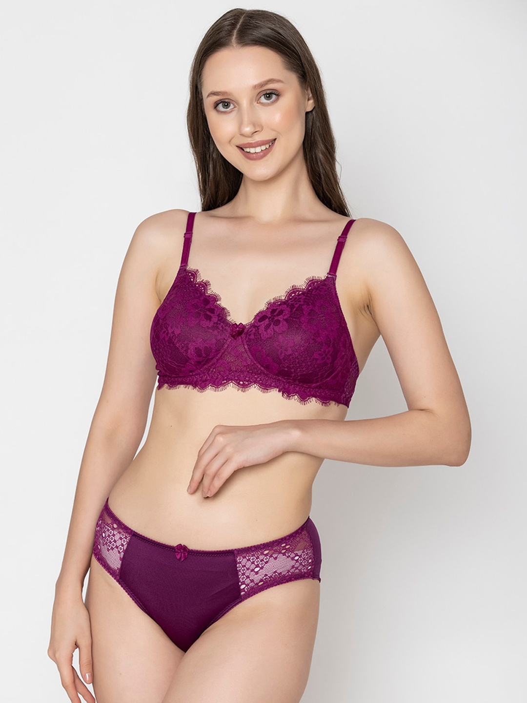 

B'ZAR Padded Lace Bra Panty Lingerie Set, Purple