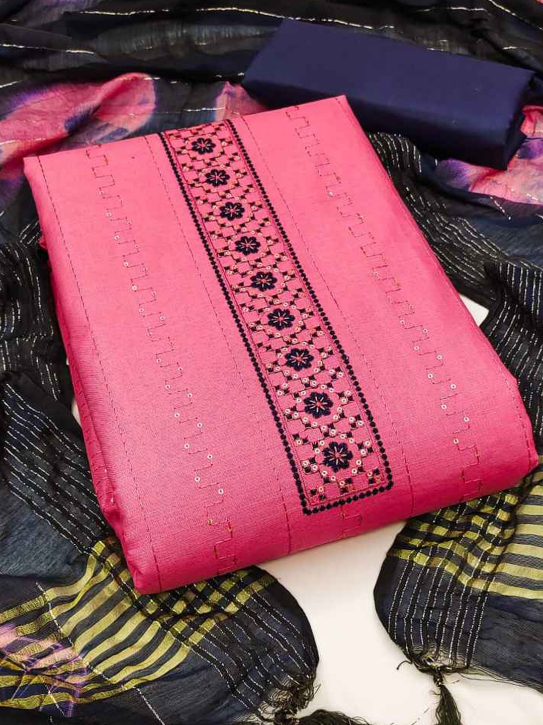 

faxofab Sequinned Unstitched Dress Material, Pink