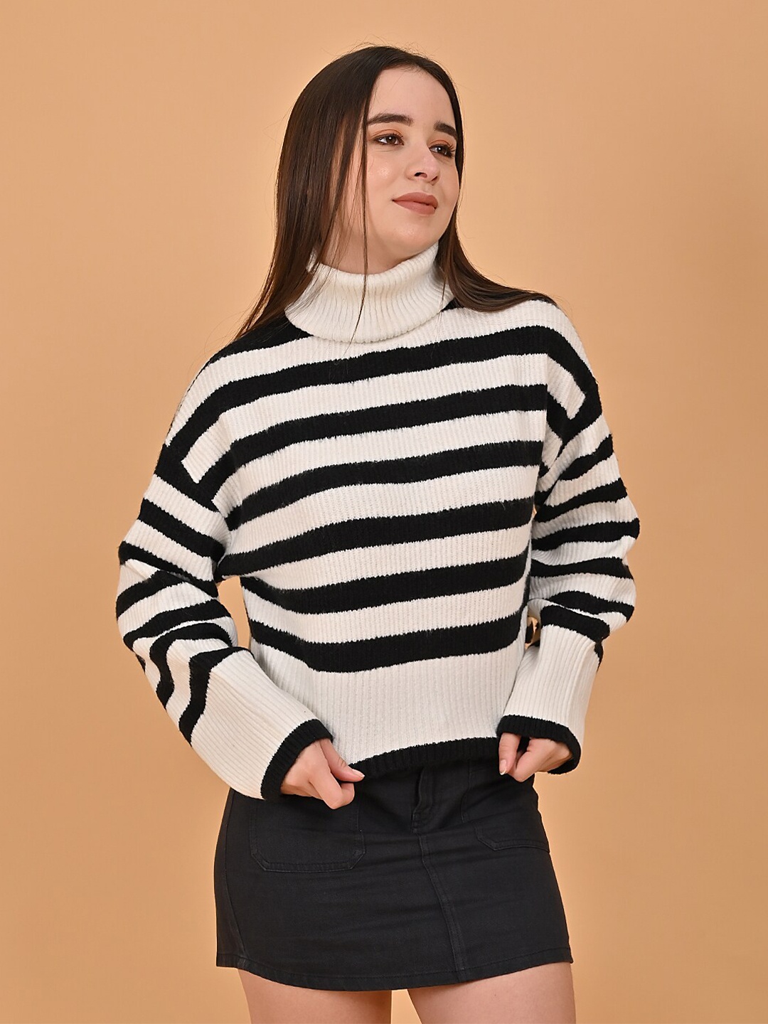 

NoBarr Striped Turtle Neck Drop Shoulder Sleeves Pullover Sweater, Black