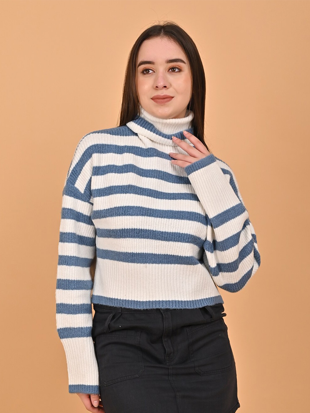 

NoBarr Striped Turtle Neck Drop Shoulder Sleeves Pullover Sweater, Blue