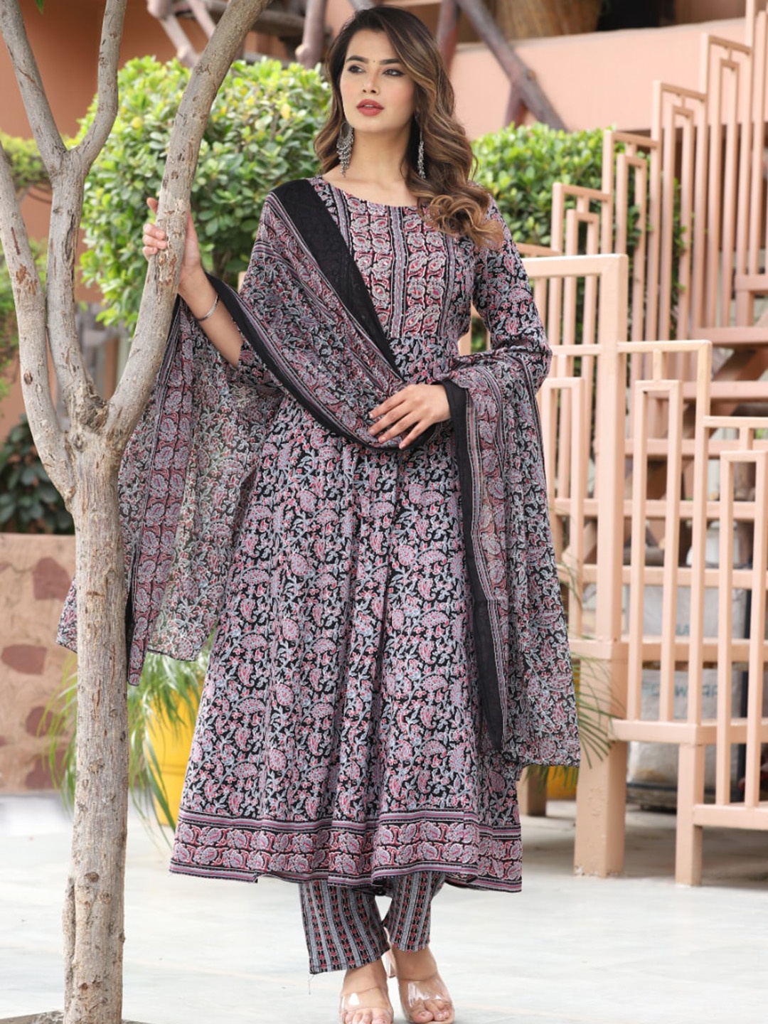 

Sangria Floral Printed Mirror Work Anarkali Kurta With Trousers & Dupatta, Black