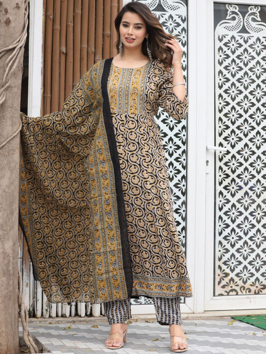 

Sangria Floral Printed Mirror Work Anarkali Kurta With Trousers & Dupatta, Yellow