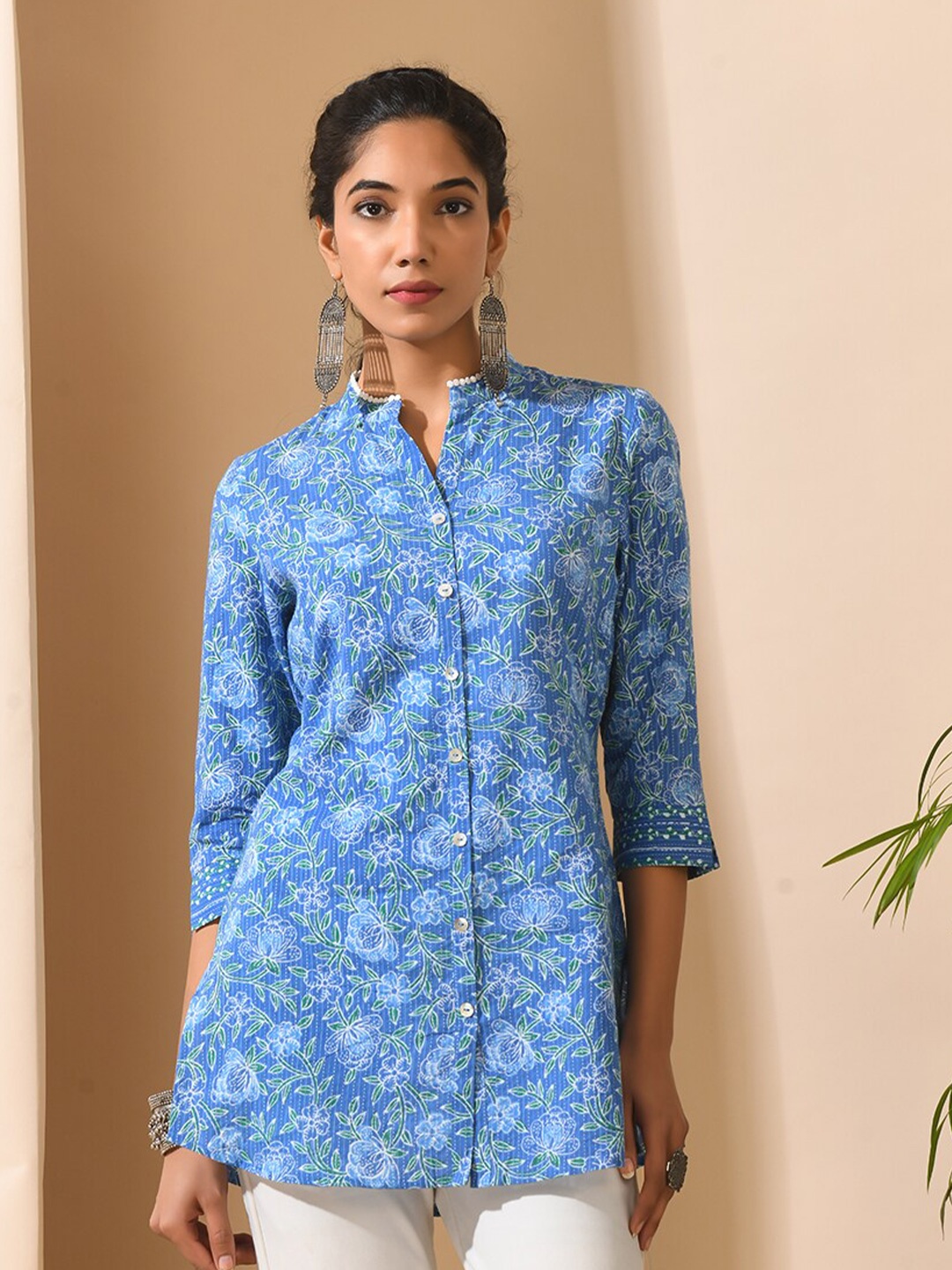 

MEESAN Floral Printed Mandarin Collar Lace Inserts Detail Cotton Tunic, Blue