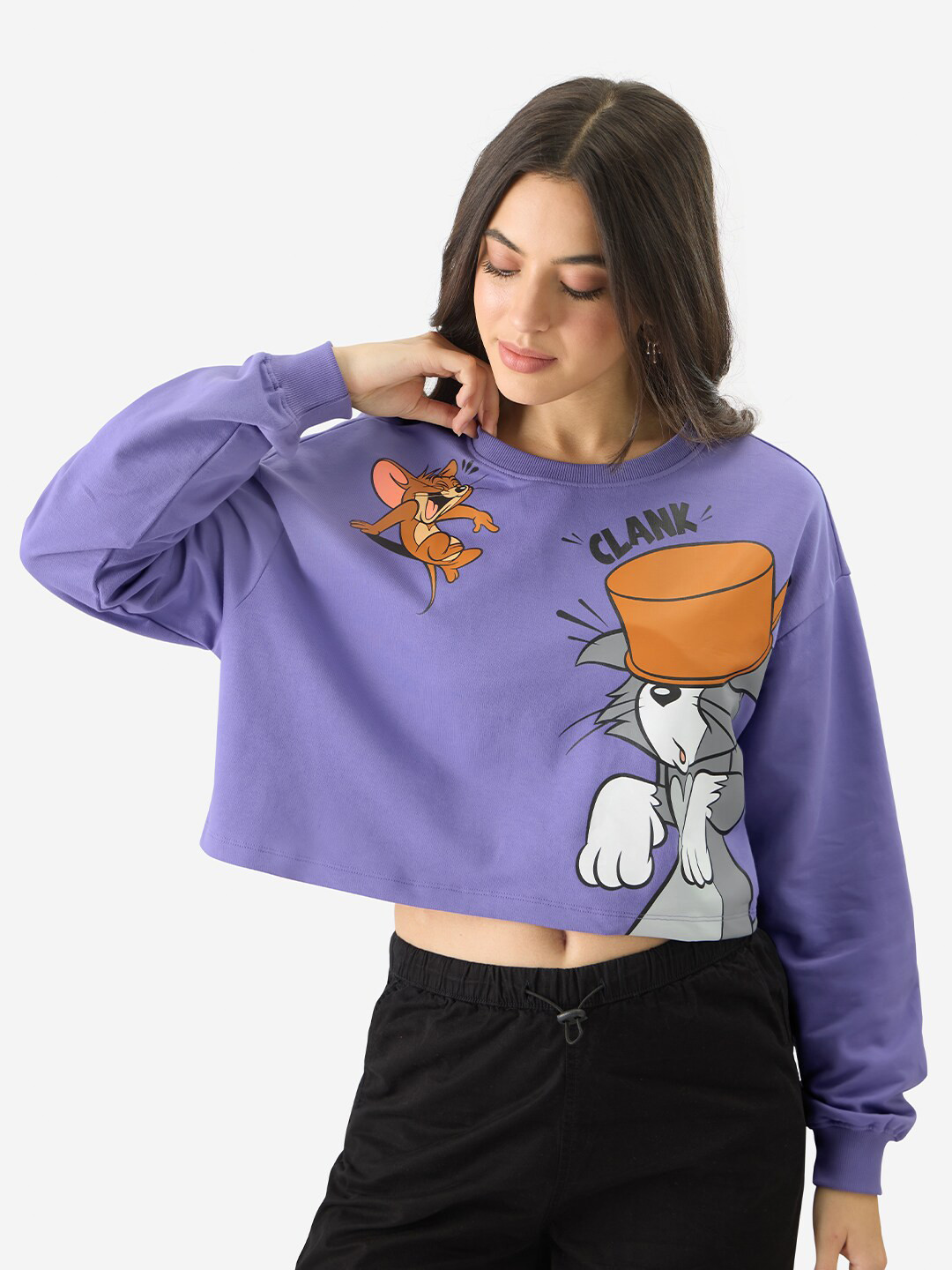 

The Souled Store Tom And Jerry: Double Trouble Graphic Printed Cotton Boxy Crop Top, Lavender
