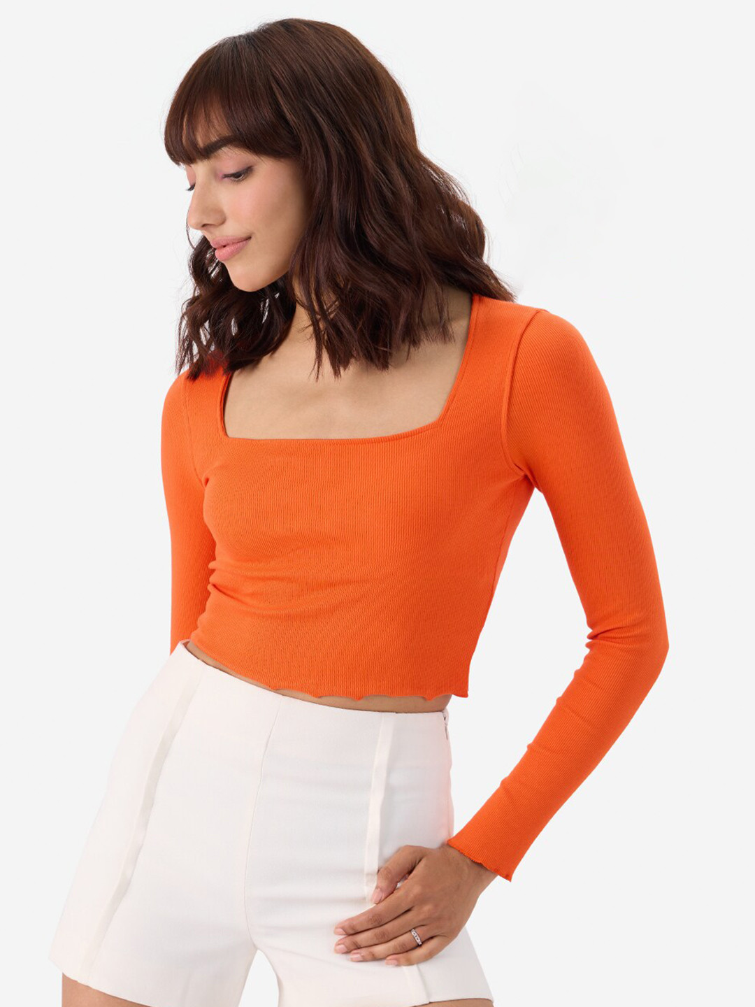 

The Souled Store Long Sleeves Ribbed Cotton Crop Top, Orange