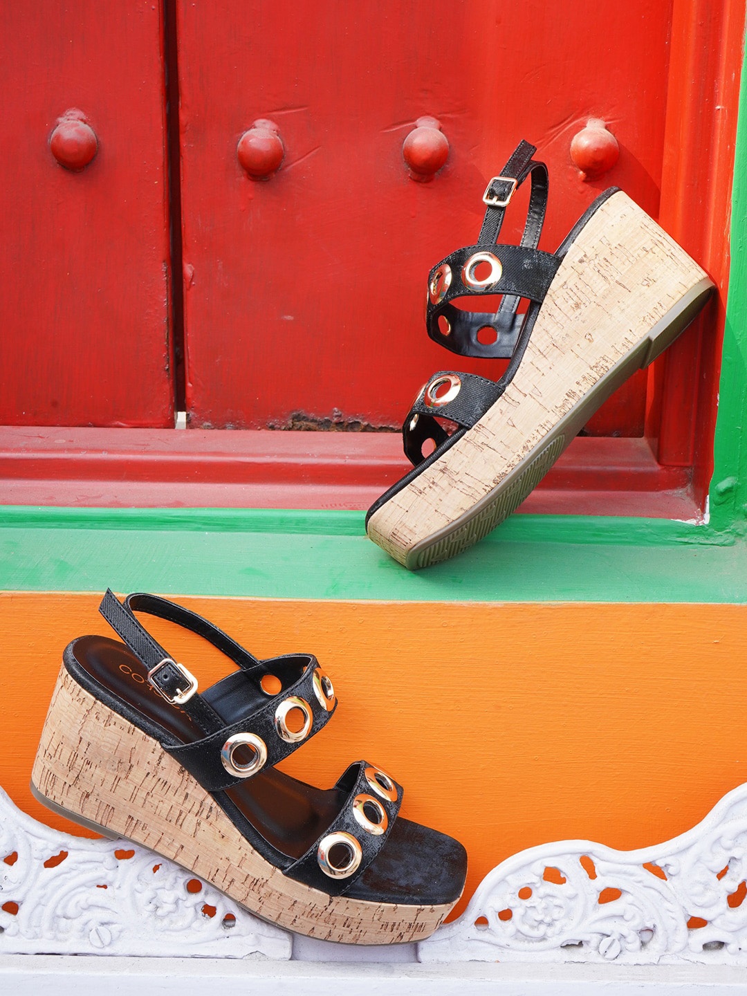 

CORSICA Embellished Open Toe Wedges, Black