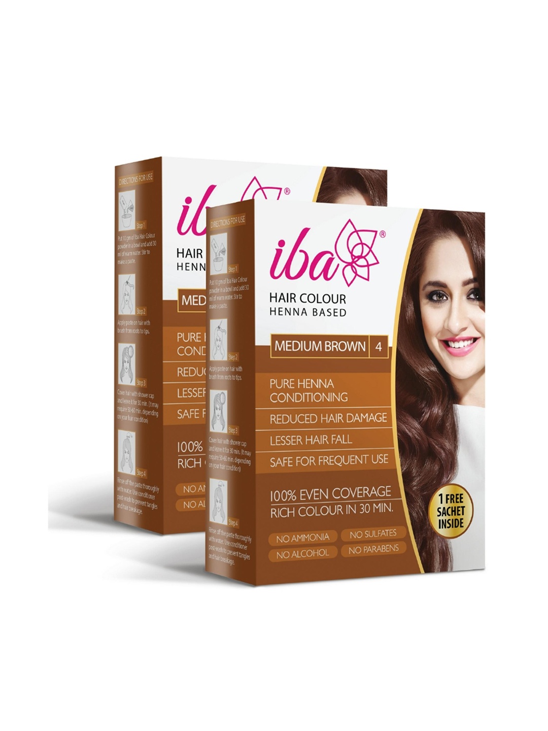 

Iba Set of 2 100% Pure Henna Based Powder Hair Colour - Medium Brown 4