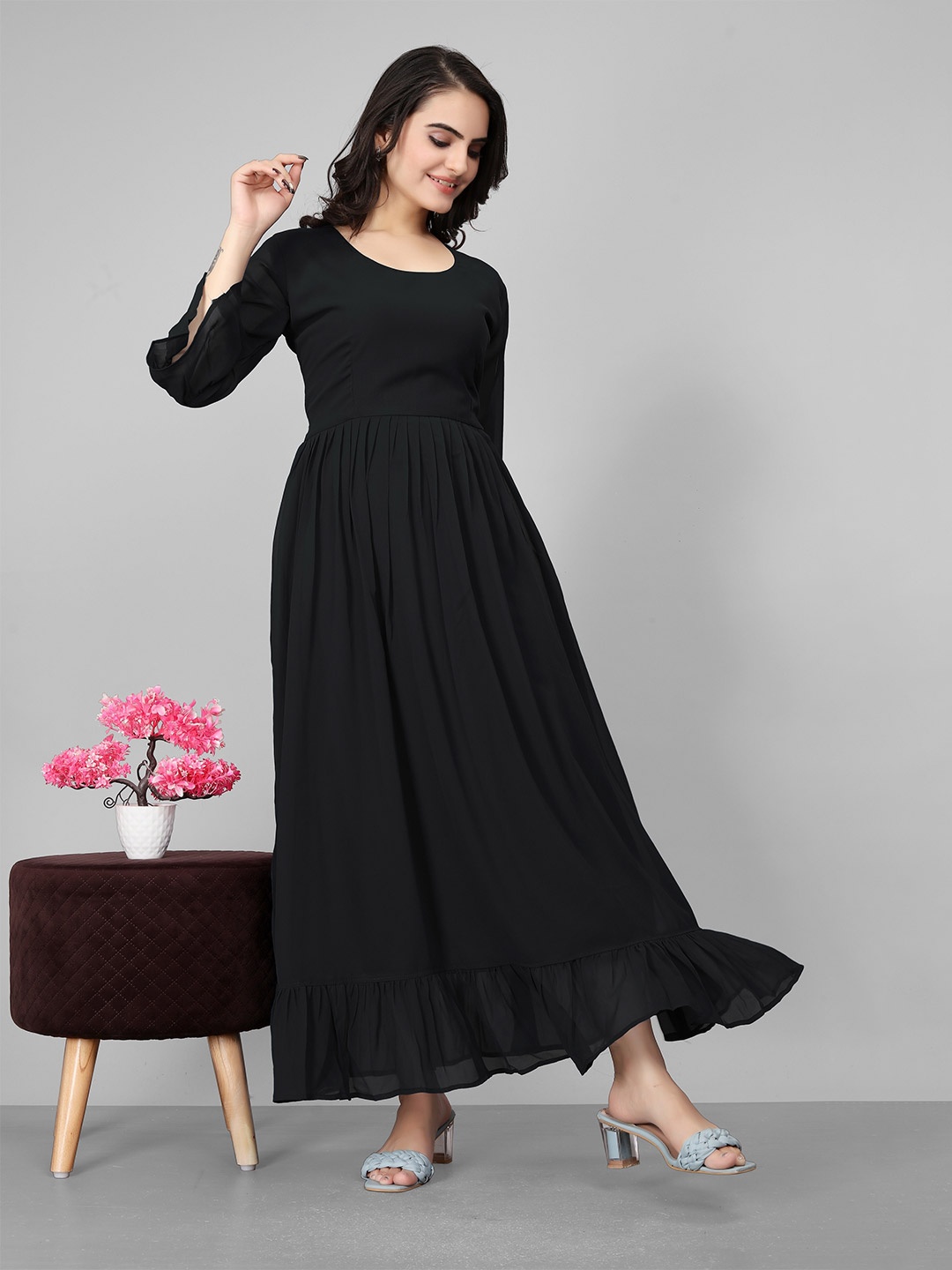 

Mahadhya Bell Sleeve Pleated Maxi Dress, Black