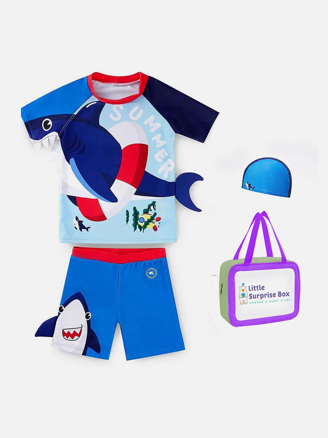 

Little Surprise Box LLP Kids T-Shirt With Shorts & Cap Swimwear, Blue