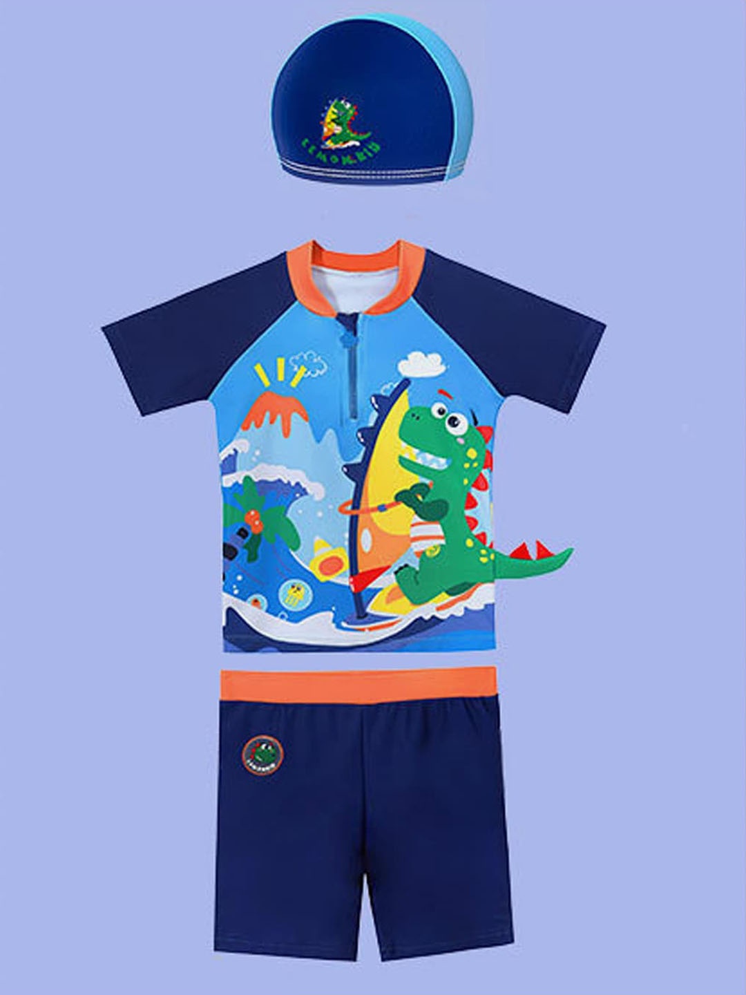 

Little Surprise Box LLP Kids Printed UPF 50+ T-Shirt with Shorts & Cap Swim Set, Blue