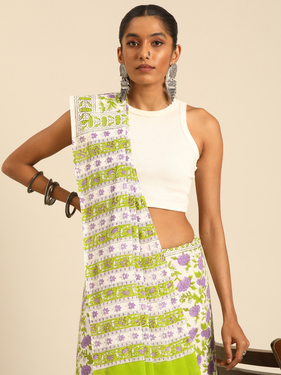 

Taavi Printed Pure Cotton Block Print Saree, White