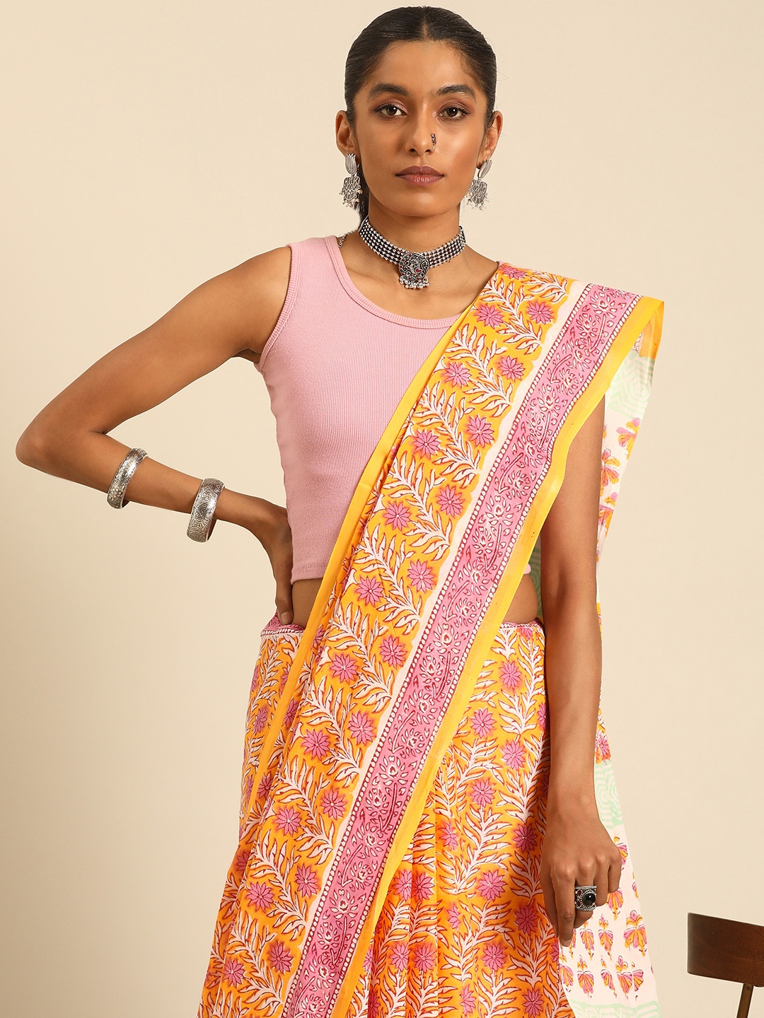 

Taavi Printed Pure Cotton Block Print Saree, Mustard