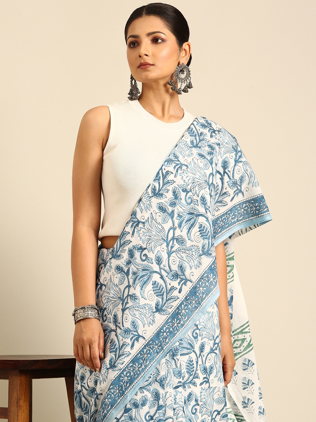 

Taavi Pure Cotton Block Print Saree, White