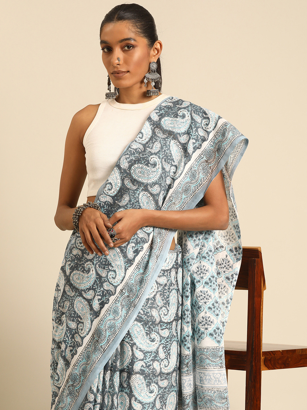 

Taavi Pure Cotton Block Print Saree, Blue