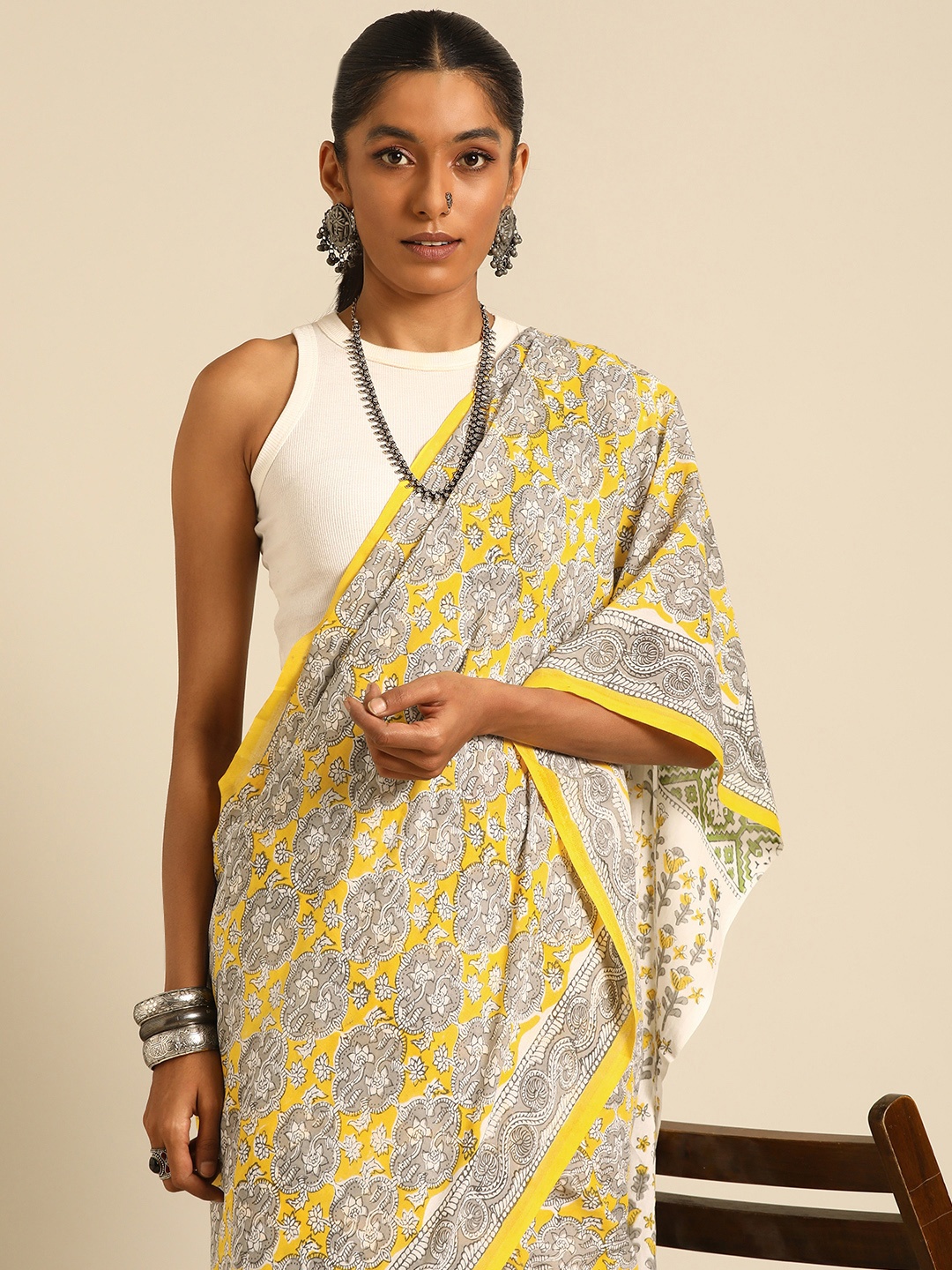 Taavi Printed Pure Cotton Block Print Saree, Mustard