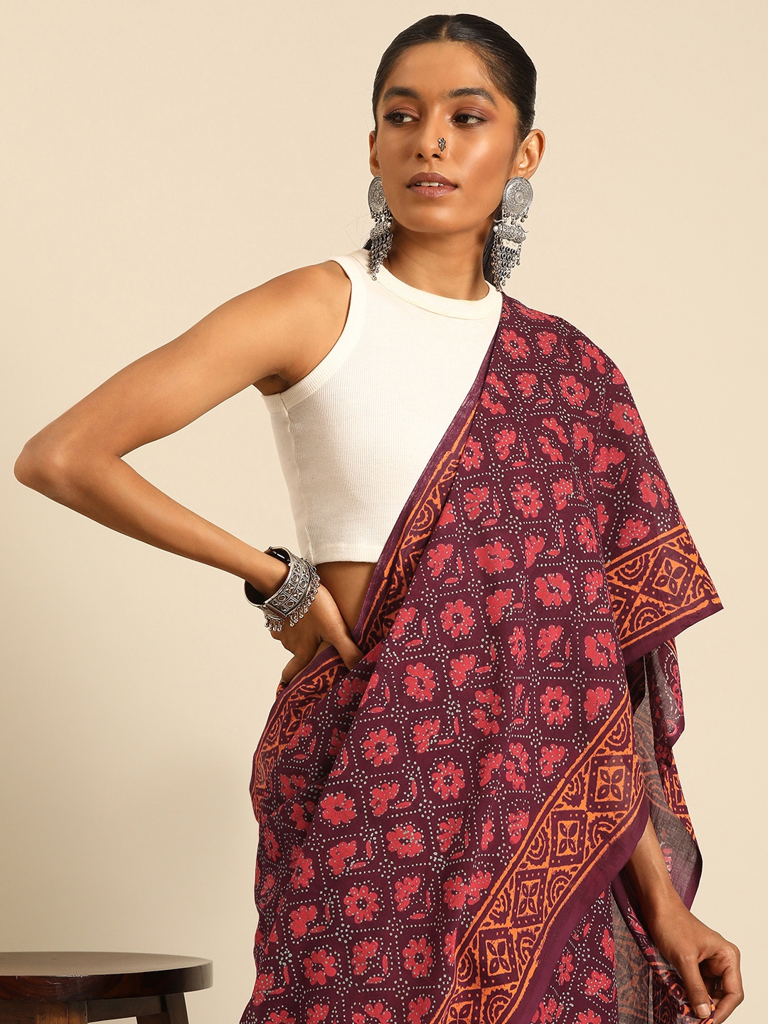 

Taavi Ethnic Motifs Printed Pure Cotton Block Print Saree, Magenta