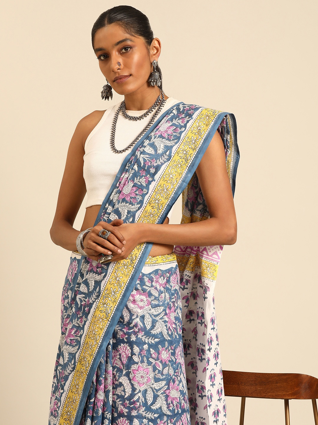 

Taavi Kalamkari Printed Pure Cotton Block Print Saree, Blue