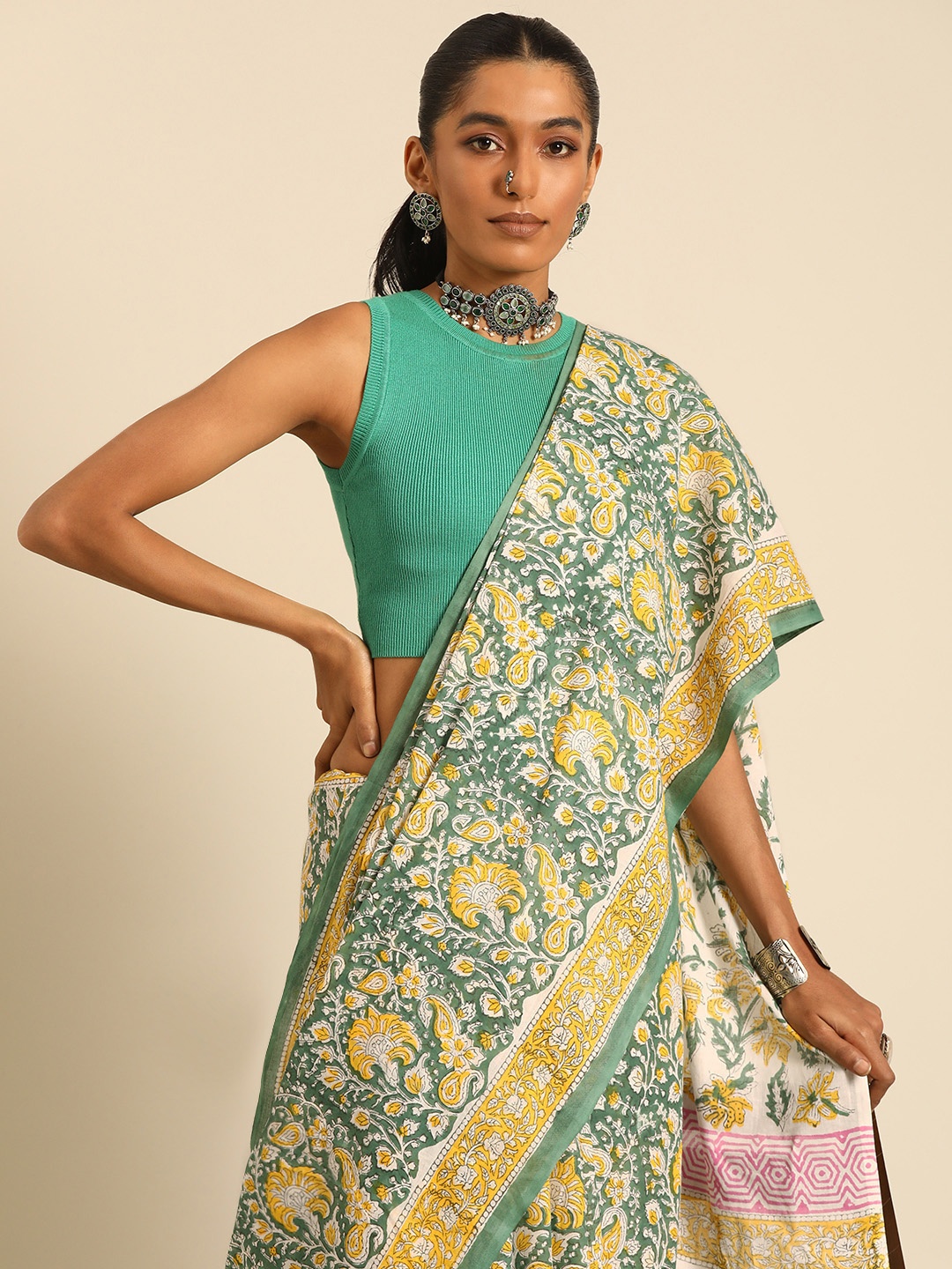 

Taavi Kalamkari Pure Cotton Block Print Saree, Green