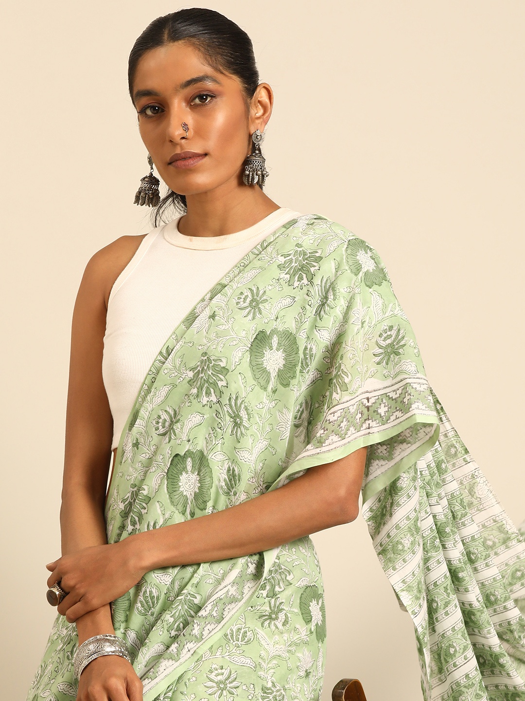 

Taavi Kalamkari Printed Pure Cotton Block Print Saree, Sea green