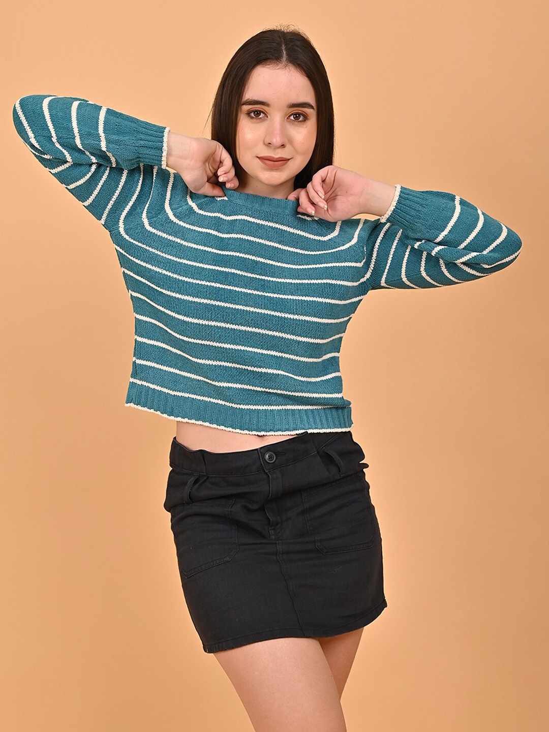 

NoBarr Striped Crop Pullover Sweater, Blue