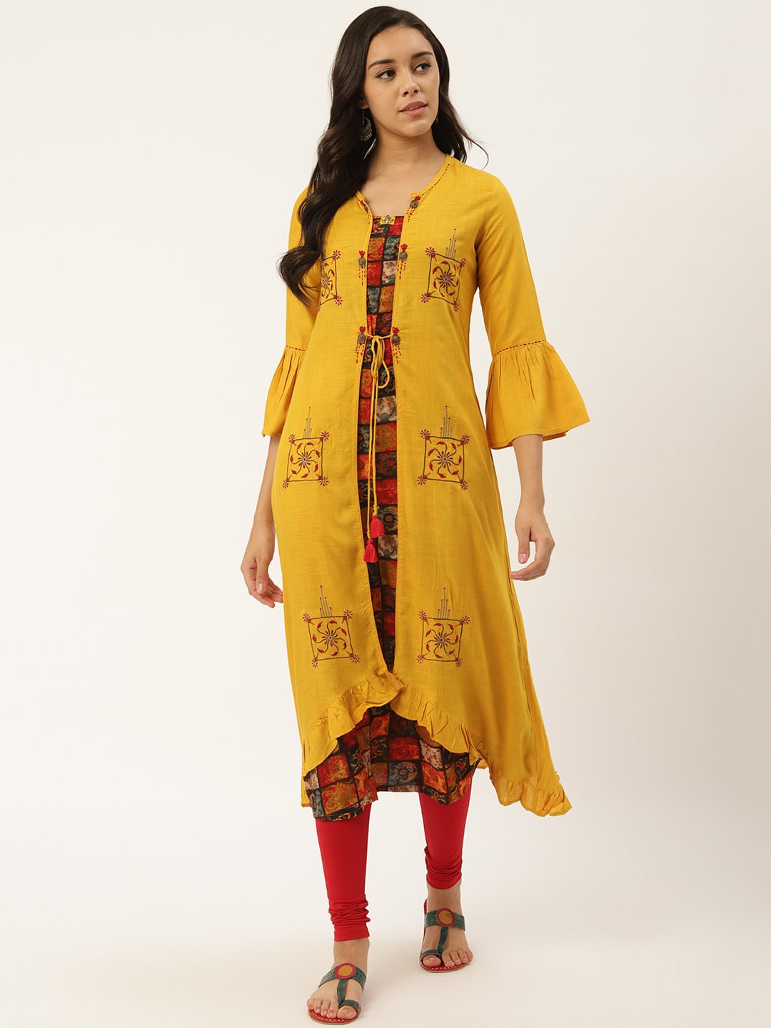 

RANGMAYEE Floral Embroidered Flared Sleeves Thread Work A Line Kurta, Yellow
