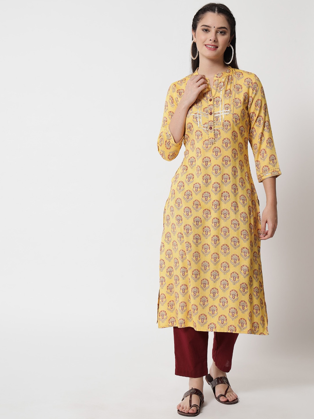 

RANGMAYEE Ethnic Motifs Printed Mandarin Collar Thread Work Straight Kurta, Yellow